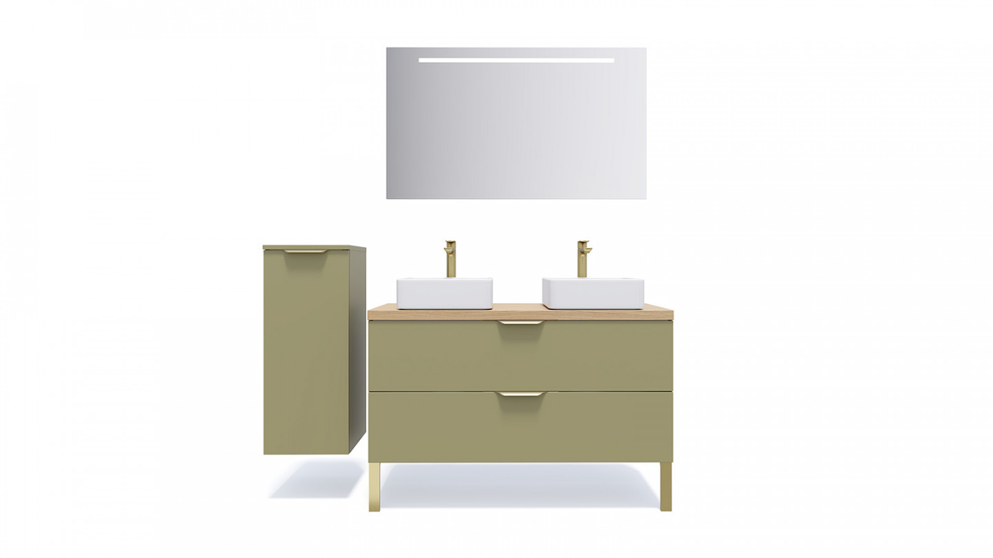 Meuble de salle de bain suspendu 2 vasques à poser 120cm 2 tiroirs Vert olive + miroir + colonne ouverture gauche - Swing