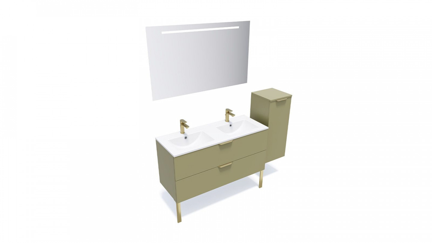 Meuble de salle de bain suspendu double vasque intégrée 120cm 2 tiroirs Vert olive + miroir + colonne ouverture droite - Swing