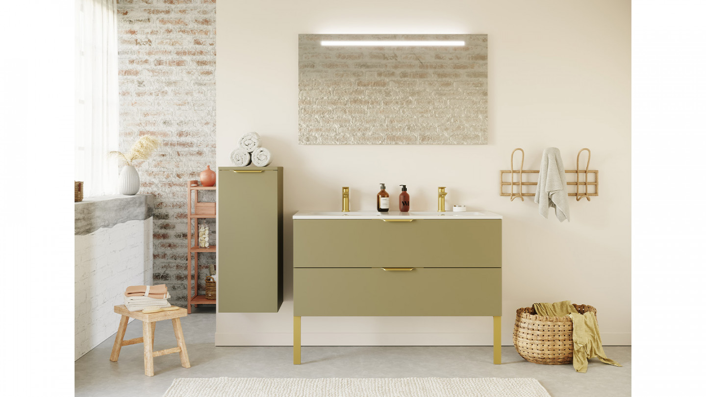 Meuble de salle de bain suspendu double vasque intégrée 120cm 2 tiroirs Vert olive + miroir + colonne ouverture gauche - Swing