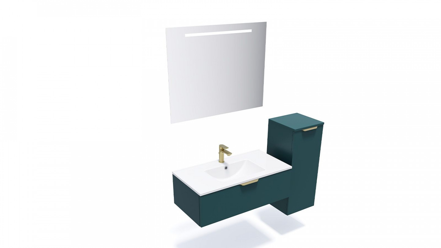Meuble de salle de bain suspendu vasque intégrée 90cm 1 tiroir Bleu + miroir + colonne ouverture droite - Swing