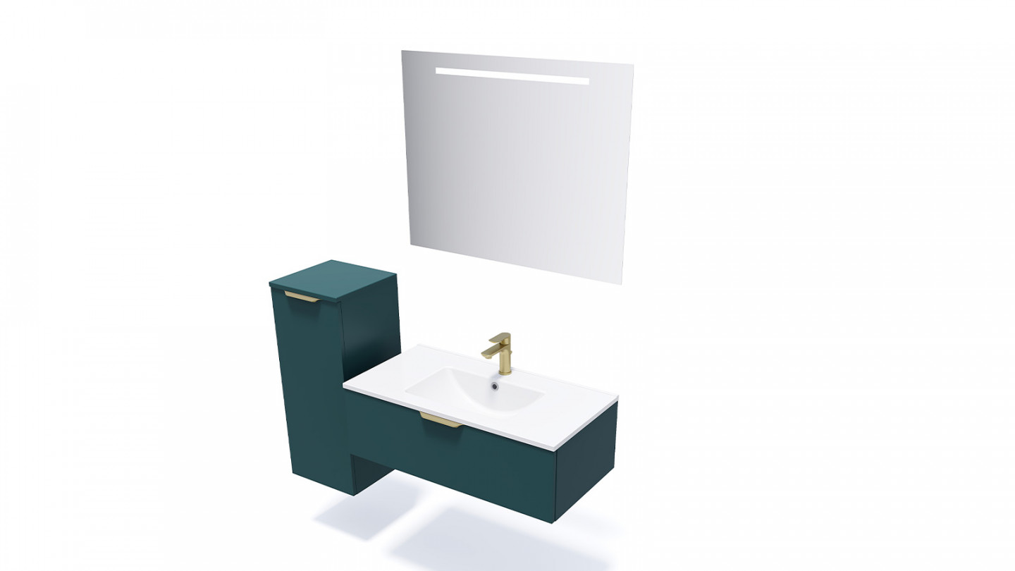 Meuble de salle de bain suspendu vasque intégrée 90cm 1 tiroir Bleu + miroir + colonne ouverture gauche - Swing