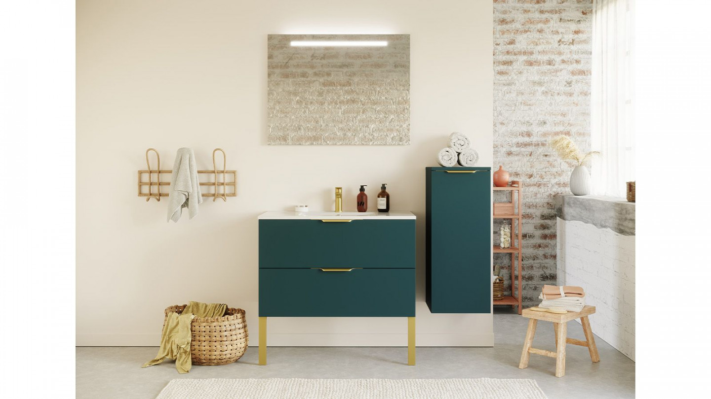 Meuble de salle de bain suspendu vasque intégrée 90cm 2 tiroirs Bleu