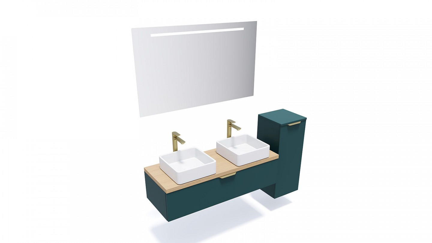 Meuble de salle de bain suspendu 2 vasques à poser 120cm 1 tiroir Bleu + miroir + colonne ouverture droite - Swing