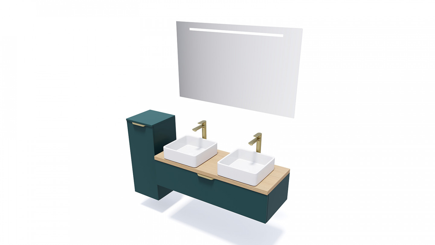 Meuble de salle de bain suspendu 2 vasques à poser 120cm 1 tiroir Bleu + miroir + colonne ouverture gauche - Swing