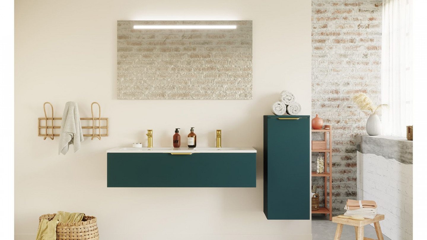 Meuble de salle de bain suspendu double vasque intégrée 120cm 1 tiroir