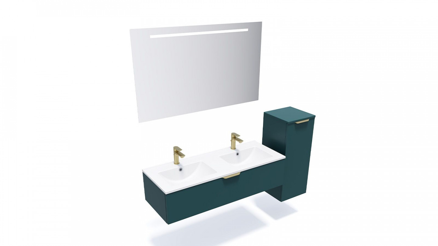 Meuble de salle de bain suspendu double vasque intégrée 120cm 1 tiroir Bleu + miroir + colonne ouverture droite - Swing