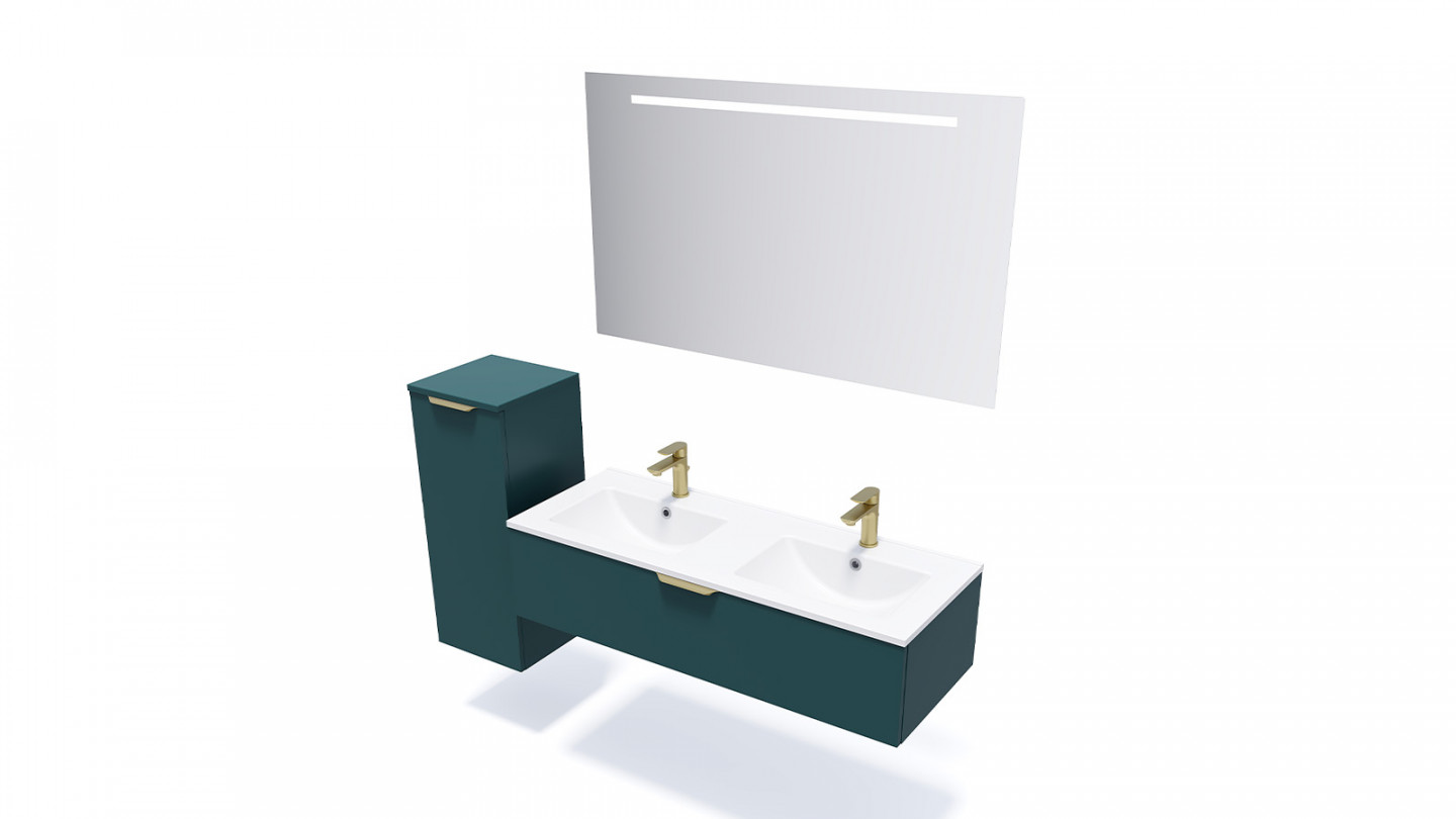 Meuble de salle de bain suspendu double vasque intégrée 120cm 1 tiroir Bleu + miroir + colonne ouverture gauche - Swing