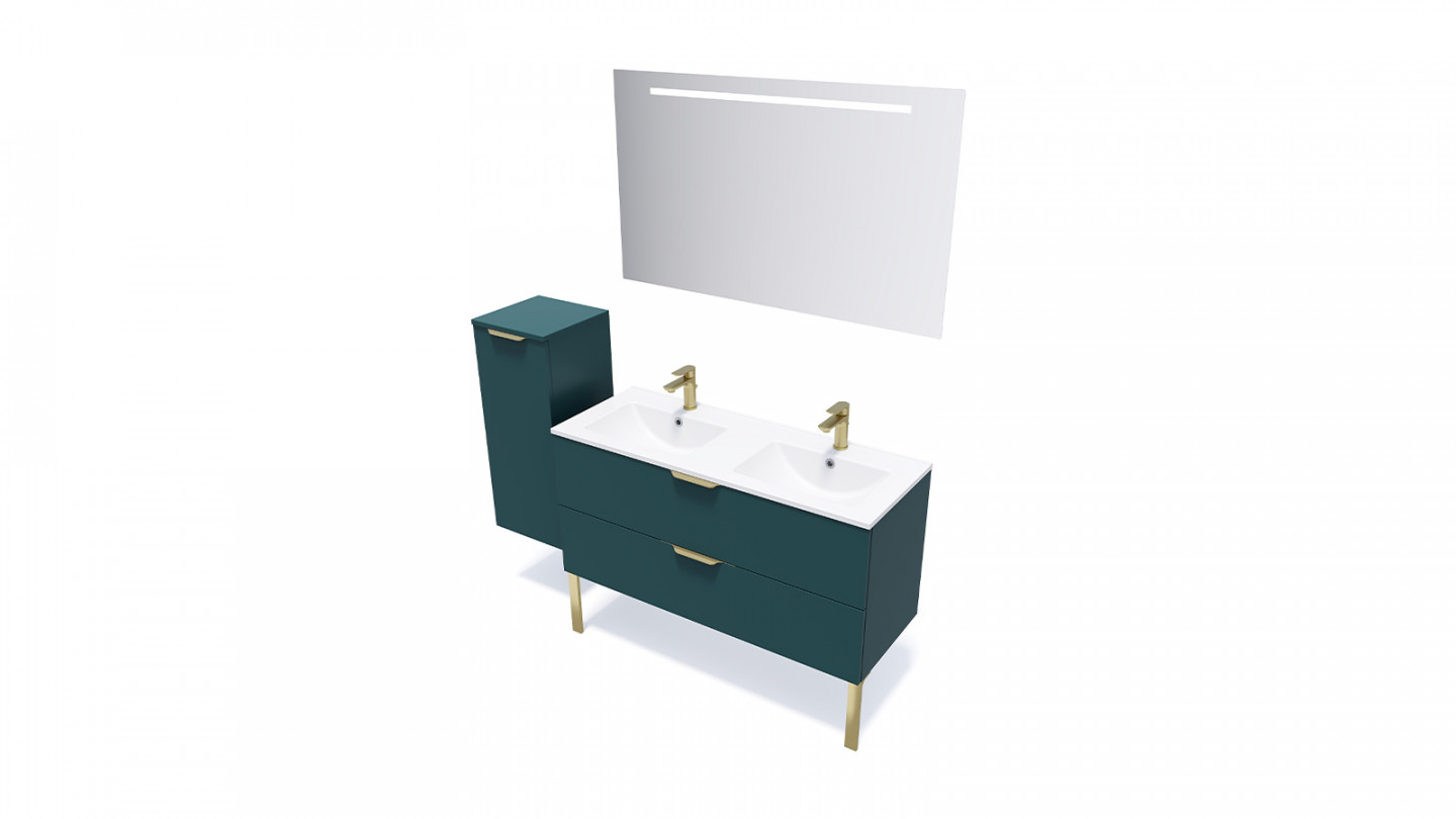 Meuble de salle de bain suspendu double vasque intégrée 120cm 2 tiroirs Bleu + miroir + colonne ouverture gauche - Swing