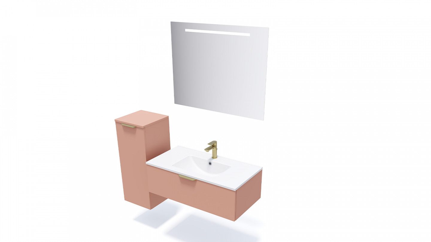 Meuble de salle de bain suspendu vasque intégrée 90cm 1 tiroir Abricot + miroir - Swing