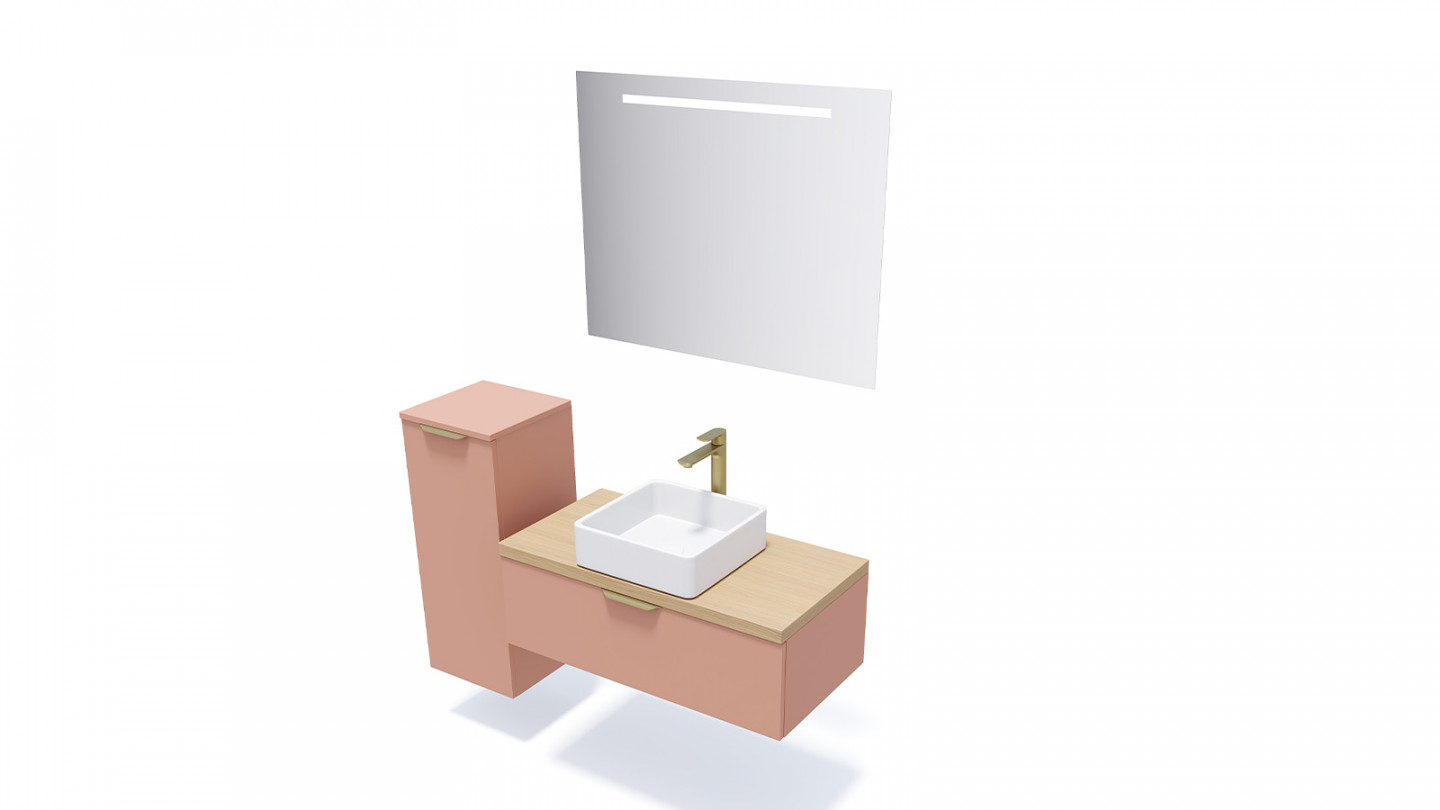 Meuble de salle de bain suspendu vasque à poser 90cm 1 tiroir Abricot + miroir + colonne ouverture gauche - Swing
