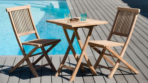 Salon de Jardin Teck Table D80 + 2 chaises pliantes SUMMER ref. 30020848, Ensemble repas