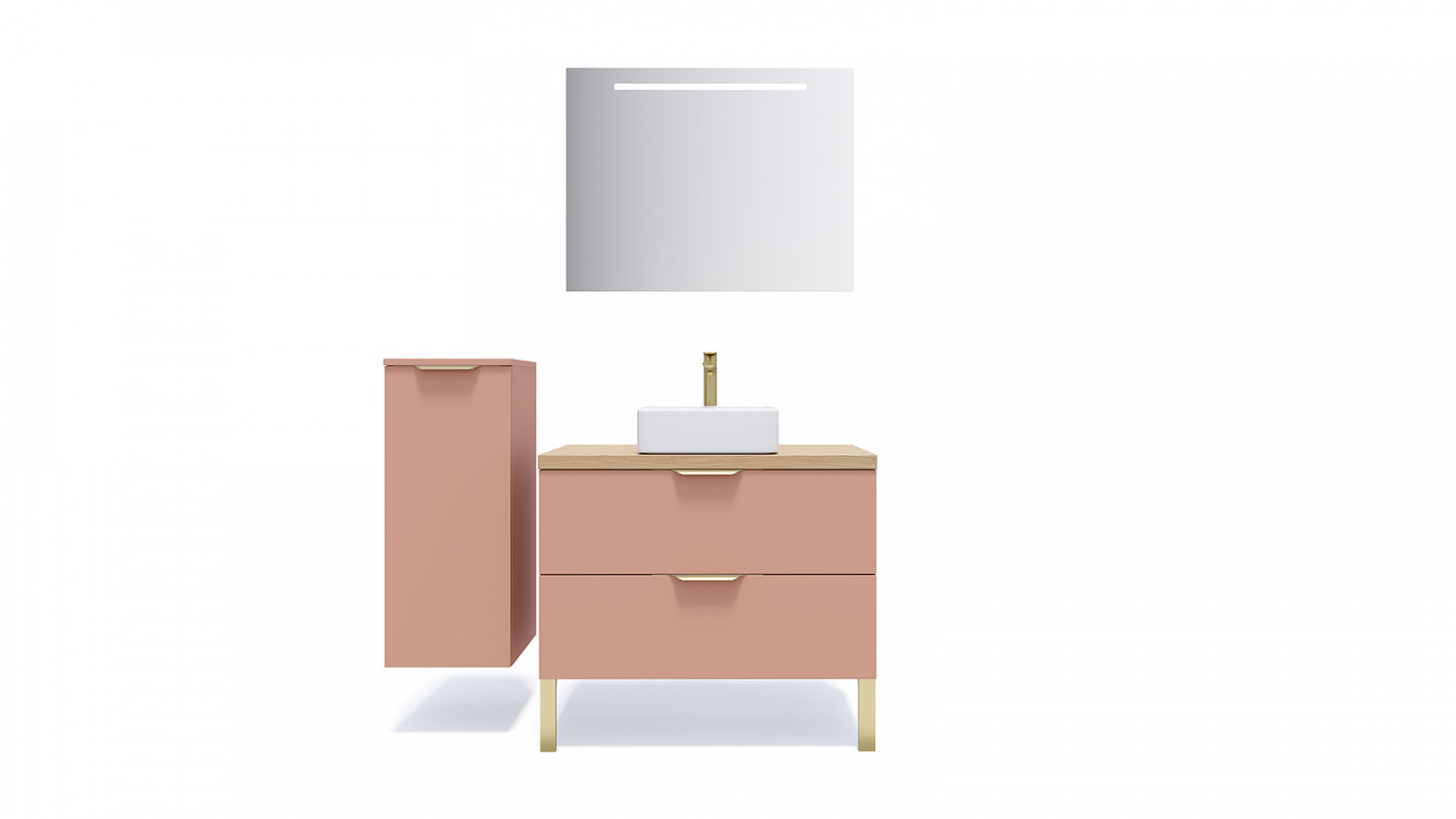 Meuble de salle de bain suspendu vasque à poser 90cm 2 tiroirs Abricot + miroir - Swing