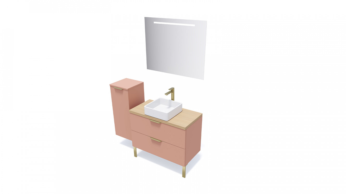 Meuble de salle de bain suspendu vasque à poser 90cm 2 tiroirs Abricot + miroir + colonne ouverture gauche - Swing