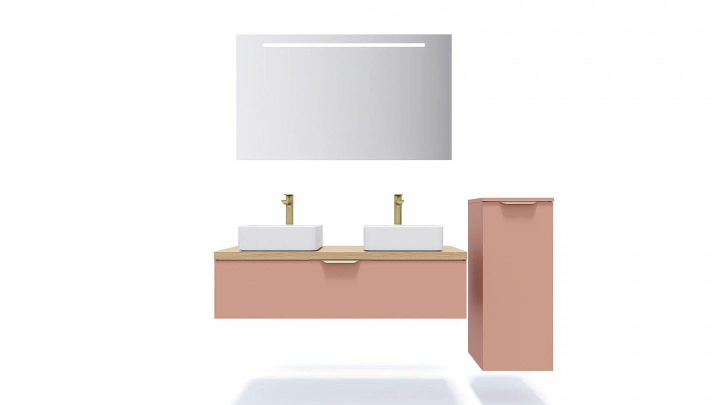 Meuble de salle de bain suspendu 2 vasques à poser 120cm 1 tiroir Abricot + miroir + colonne ouverture droite - Swing