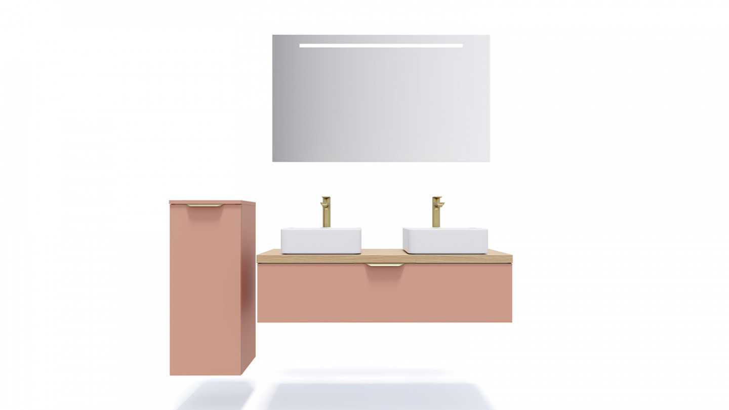 Meuble de salle de bain suspendu 2 vasques à poser 120cm 1 tiroir Abricot + miroir + colonne ouverture gauche - Swing