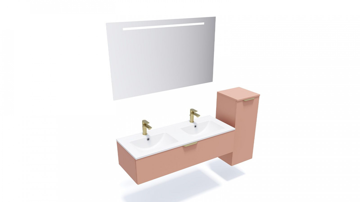Meuble de salle de bain suspendu double vasque intégrée 120cm 1 tiroir Abricot + miroir + colonne ouverture droite - Swing