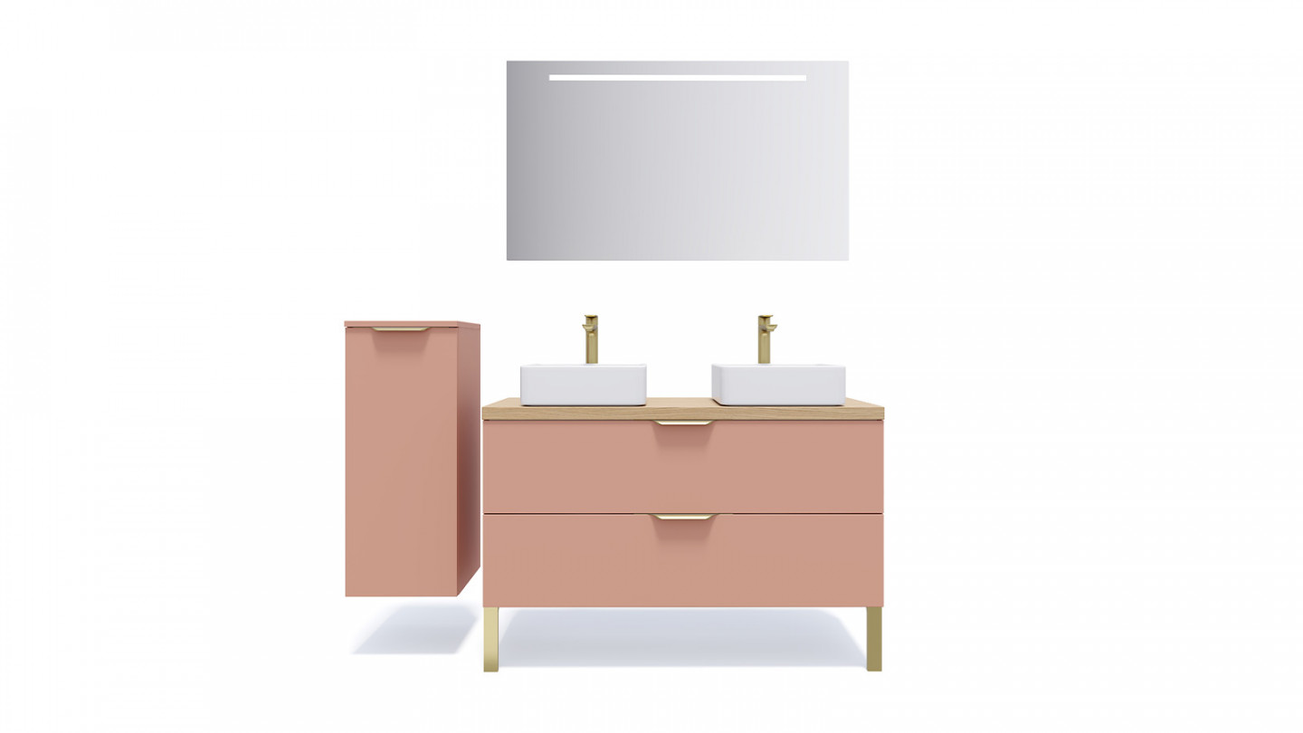Meuble de salle de bain suspendu 2 vasques à poser 120cm 2 tiroirs Abricot + miroir - Swing
