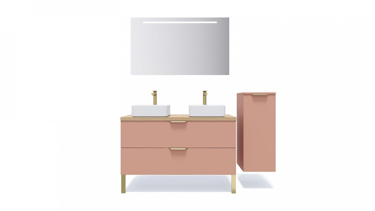 Meuble de salle de bain suspendu 2 vasques à poser 120cm 2 tiroirs Abricot + miroir + colonne ouverture droite - Swing