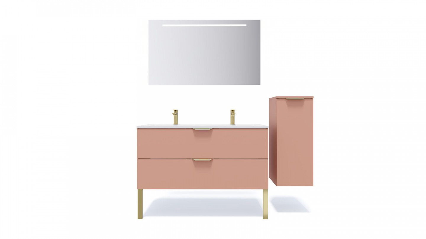Meuble de salle de bain suspendu double vasque intégrée 120cm 2 tiroirs Abricot + miroir + colonne ouverture droite - Swing