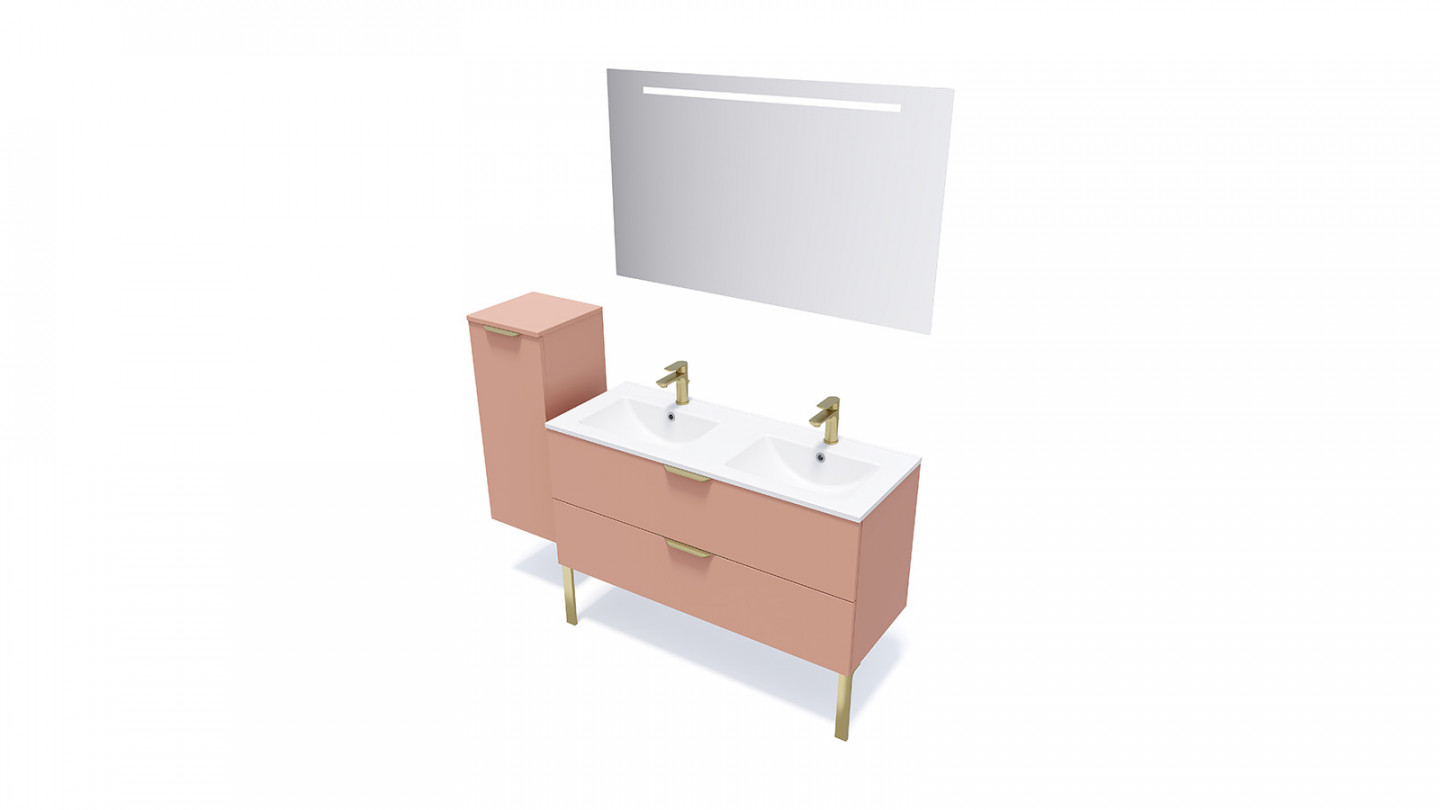 Meuble de salle de bain suspendu double vasque intégrée 120cm 2 tiroirs Abricot + miroir + colonne ouverture gauche - Swing