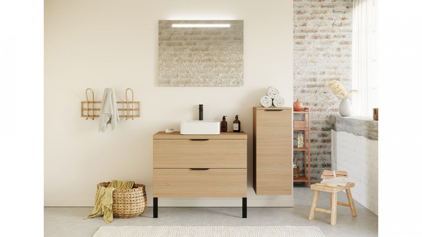 Meuble de salle de bain suspendu vasque à poser 90cm 2 tiroirs Chêne