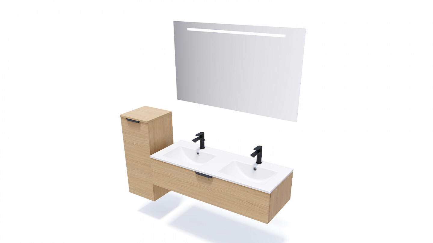 Meuble de salle de bain suspendu double vasque intégrée 120cm 1 tiroir Chêne clair + miroir - Swing
