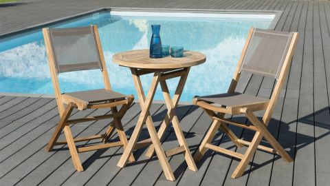 Salon de Jardin Teck Table D80 + 2 chaises pliantes SUMMER ref. 30020848, Ensemble repas