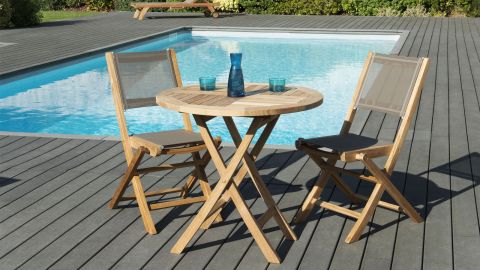 Salon de Jardin Teck Table D80 + 2 chaises pliantes SUMMER ref. 30020848, Ensemble repas