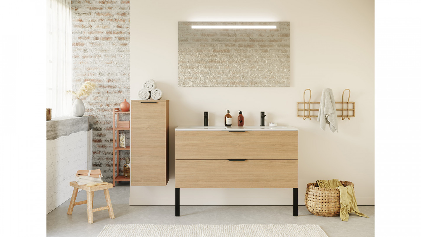 Meuble de salle de bain suspendu double vasque intégrée 120cm 2 tiroirs