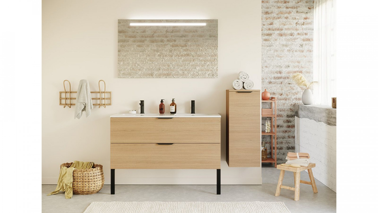 Meuble de salle de bain suspendu double vasque intégrée 120cm 2 tiroirs
