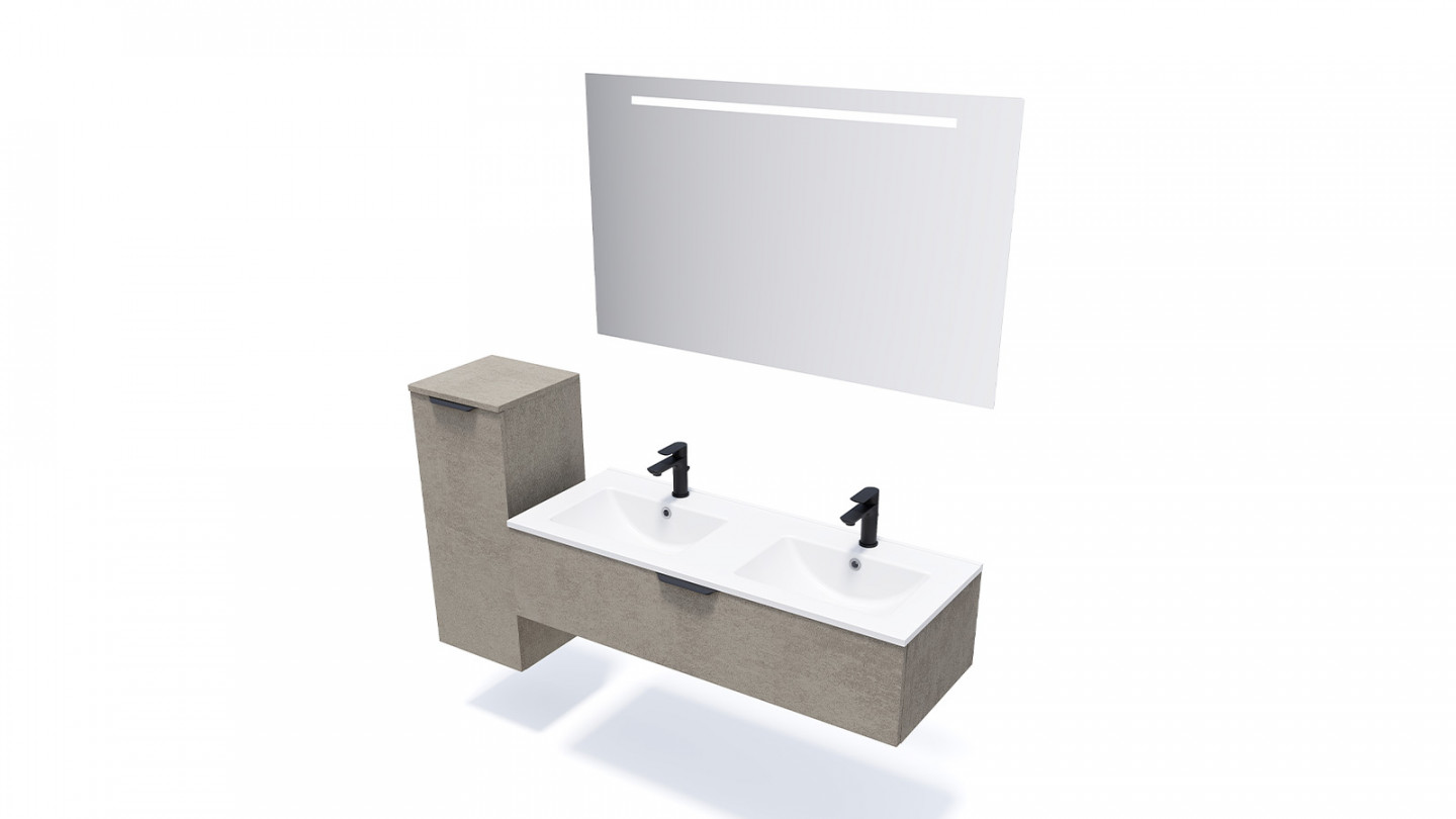 Meuble de salle de bain suspendu double vasque intégrée 120cm 1 tiroir façon Béton + miroir + colonne ouverture gauche - Swing