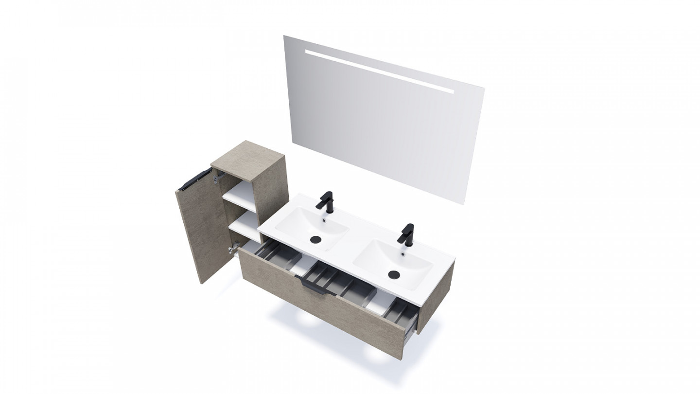 Meuble de salle de bain suspendu double vasque intégrée 120cm 1 tiroir façon Béton + miroir + colonne ouverture gauche - Swing