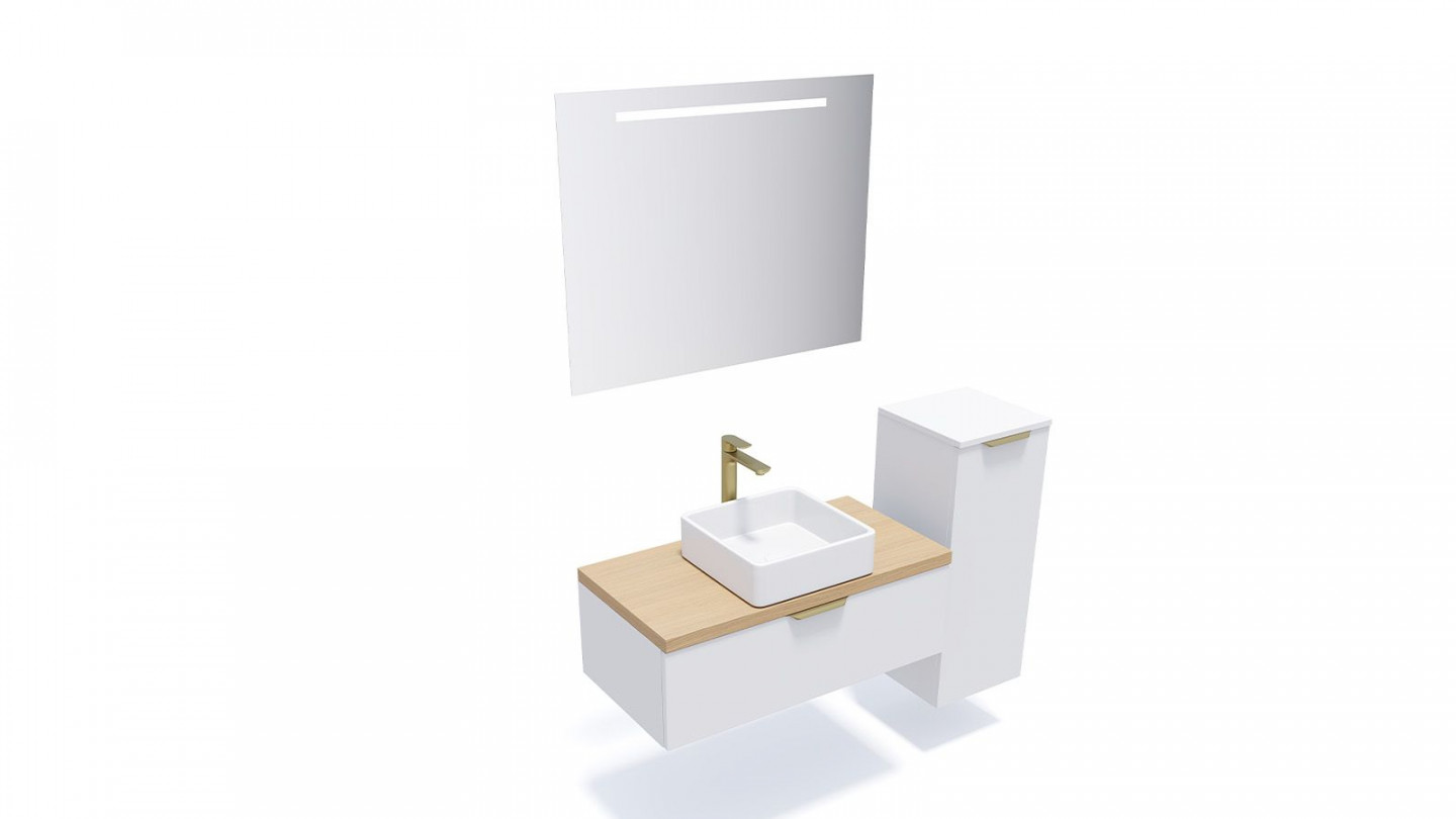 Meuble de salle de bain suspendu vasque à poser 90cm 1 tiroir Blanc + miroir + colonne ouverture droite - Swing