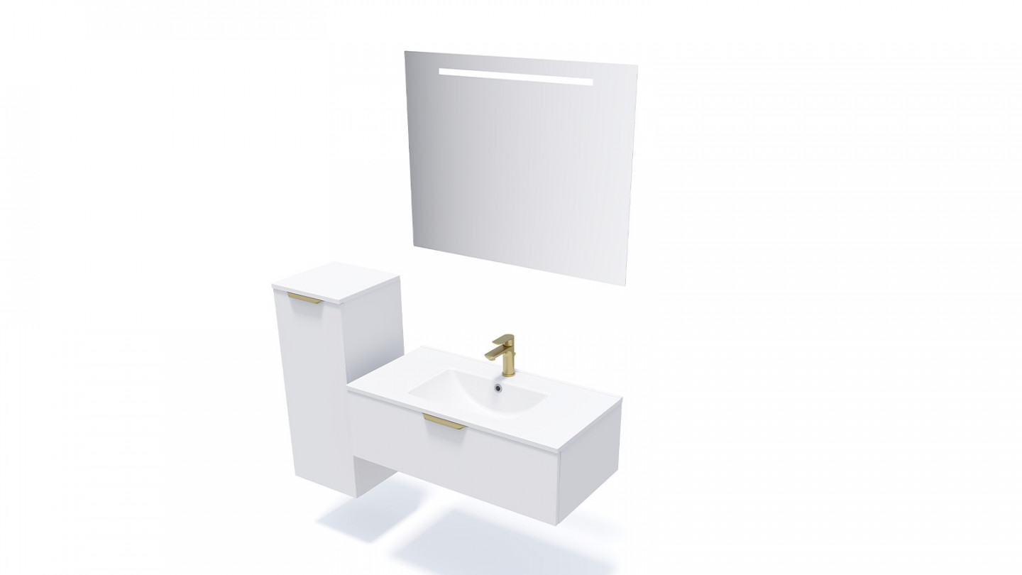 Meuble de salle de bain suspendu vasque intégrée 90cm 1 tiroir Blanc + miroir + colonne ouverture gauche - Swing