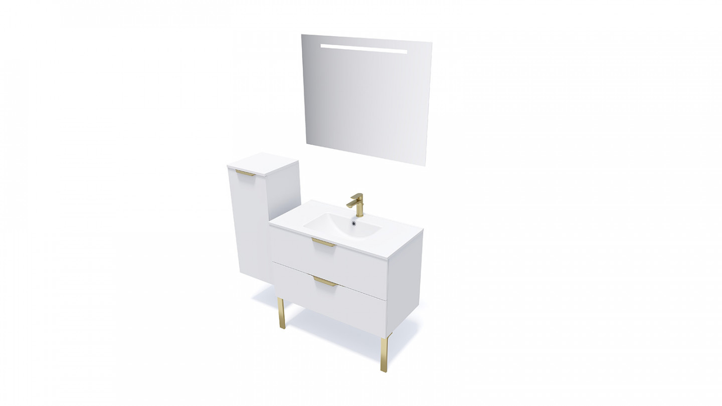 Meuble de salle de bain suspendu vasque intégrée 90cm 2 tiroirs Blanc - Swing