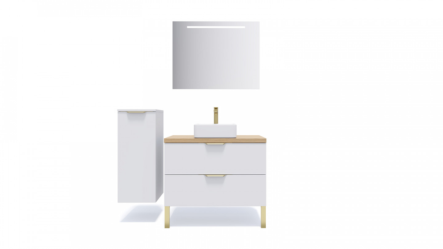 Meuble de salle de bain suspendu vasque à poser 90cm 2 tiroirs Blanc + miroir + colonne ouverture gauche - Swing