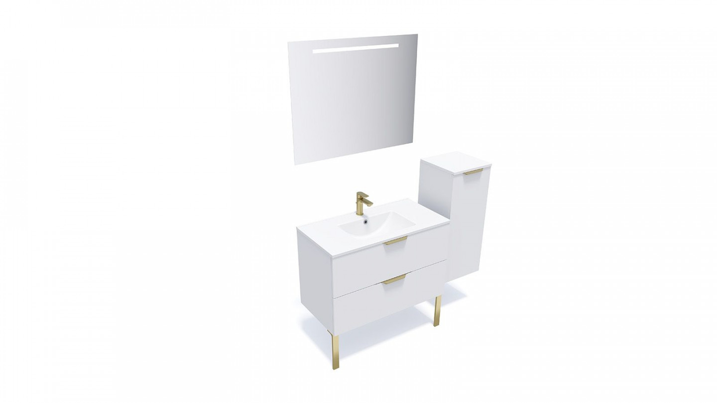 Meuble de salle de bain suspendu vasque intégrée 90cm 2 tiroirs Blanc + miroir + colonne ouverture droite - Swing