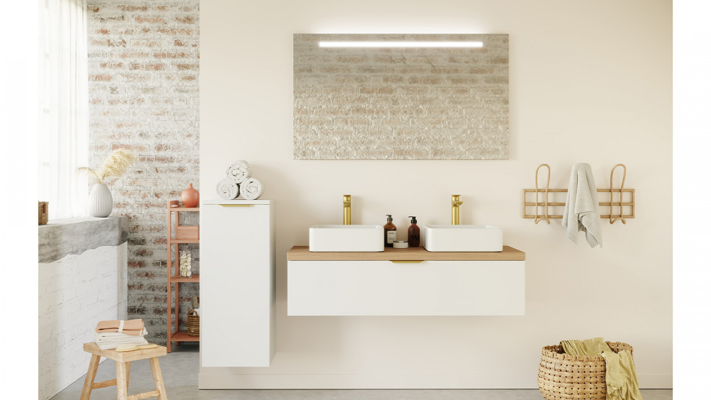 Meuble de salle de bain suspendu 2 vasques à poser 120cm 1 tiroir Blanc