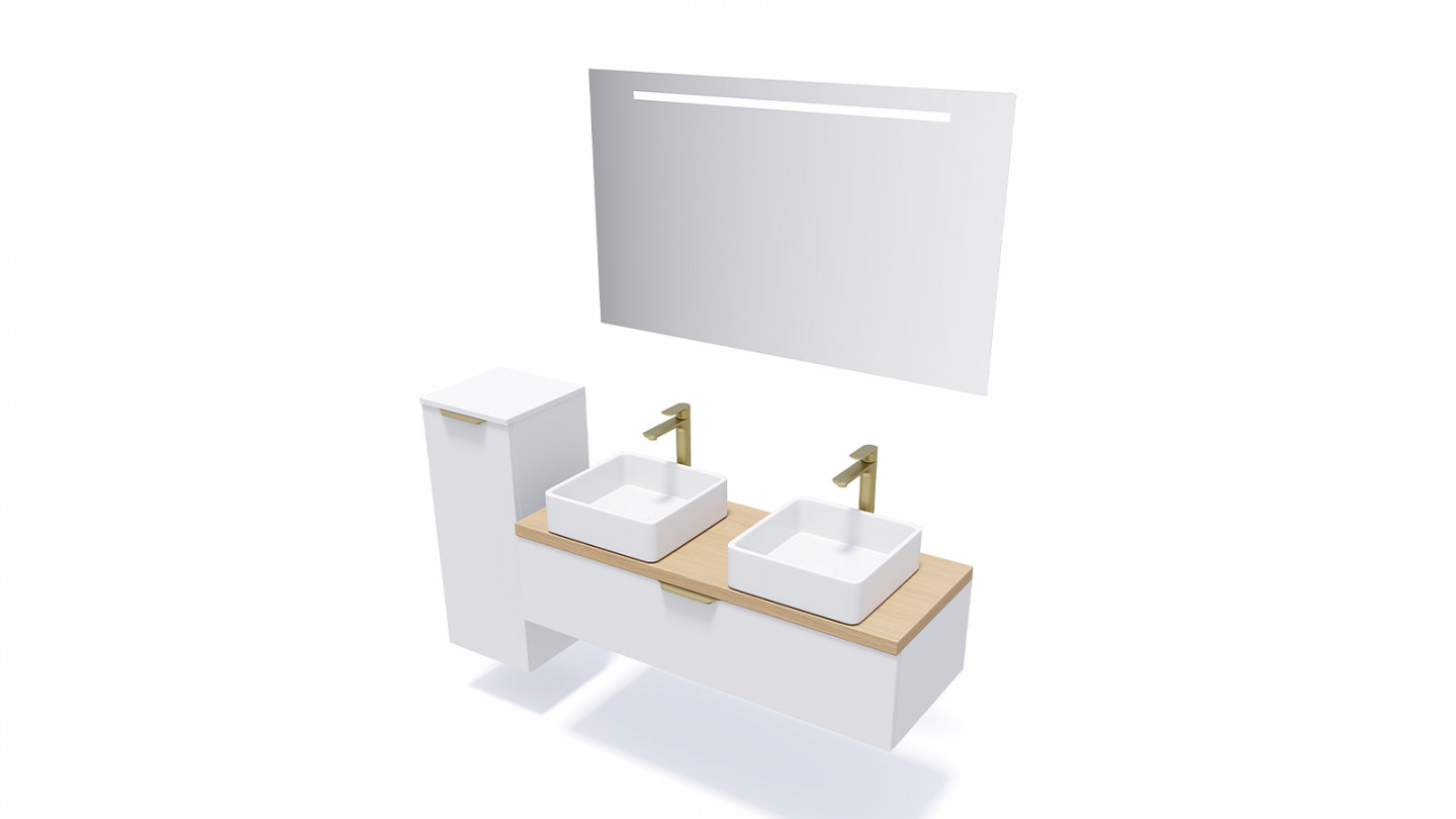 Meuble de salle de bain suspendu 2 vasques à poser 120cm 1 tiroir Blanc + miroir - Swing