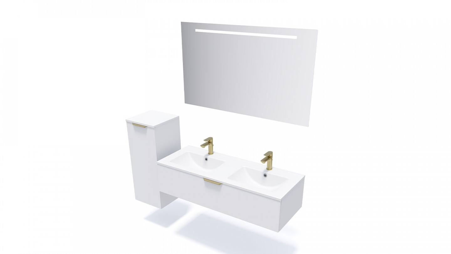 Meuble de salle de bain suspendu double vasque intégrée 120cm 1 tiroir Blanc + miroir - Swing