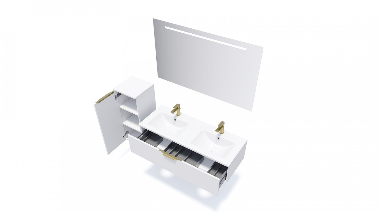 Meuble de salle de bain suspendu double vasque intégrée 120cm 1 tiroir Blanc + miroir - Swing