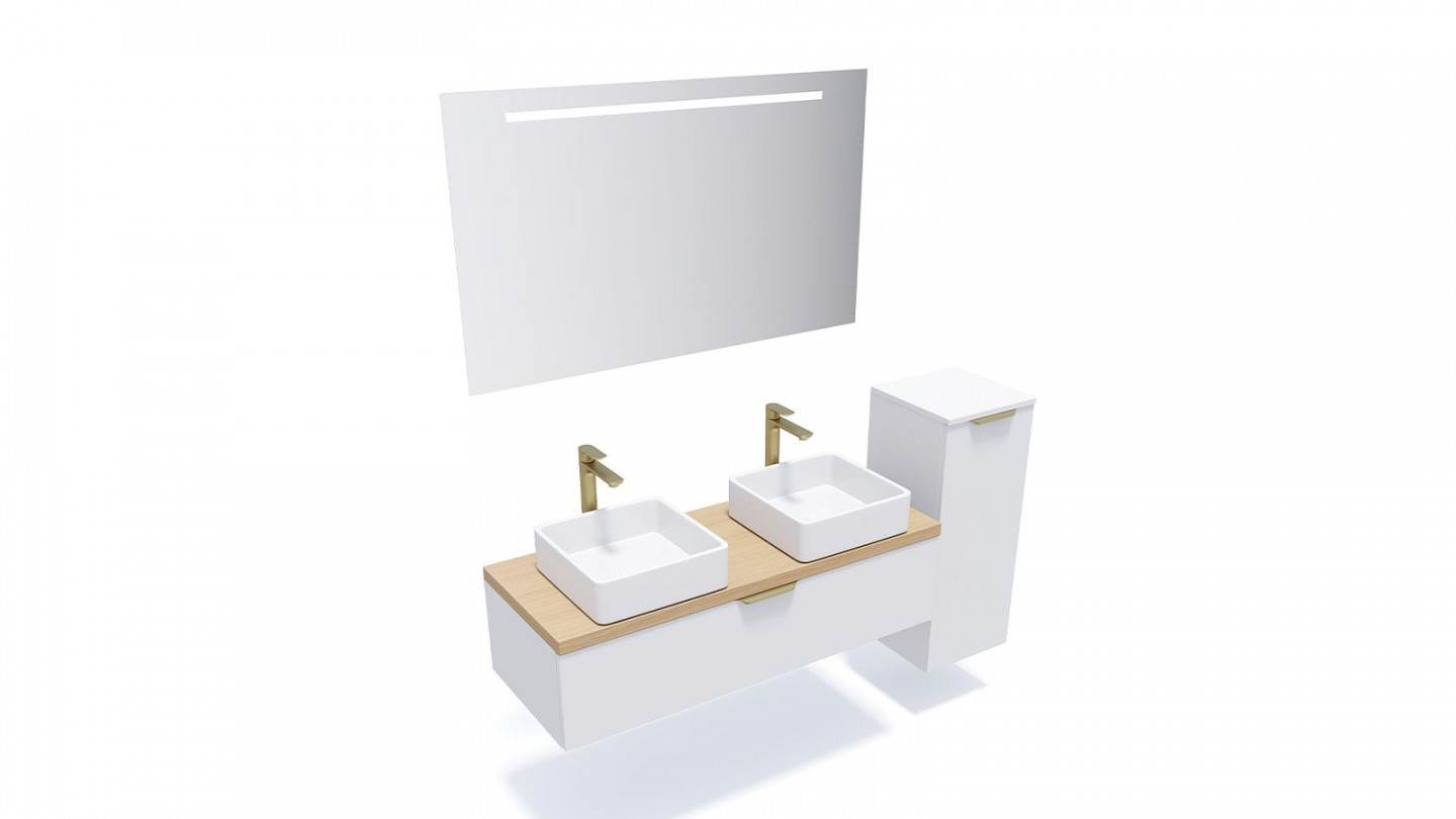 Meuble de salle de bain suspendu 2 vasques à poser 120cm 1 tiroir Blanc + miroir + colonne ouverture droite - Swing