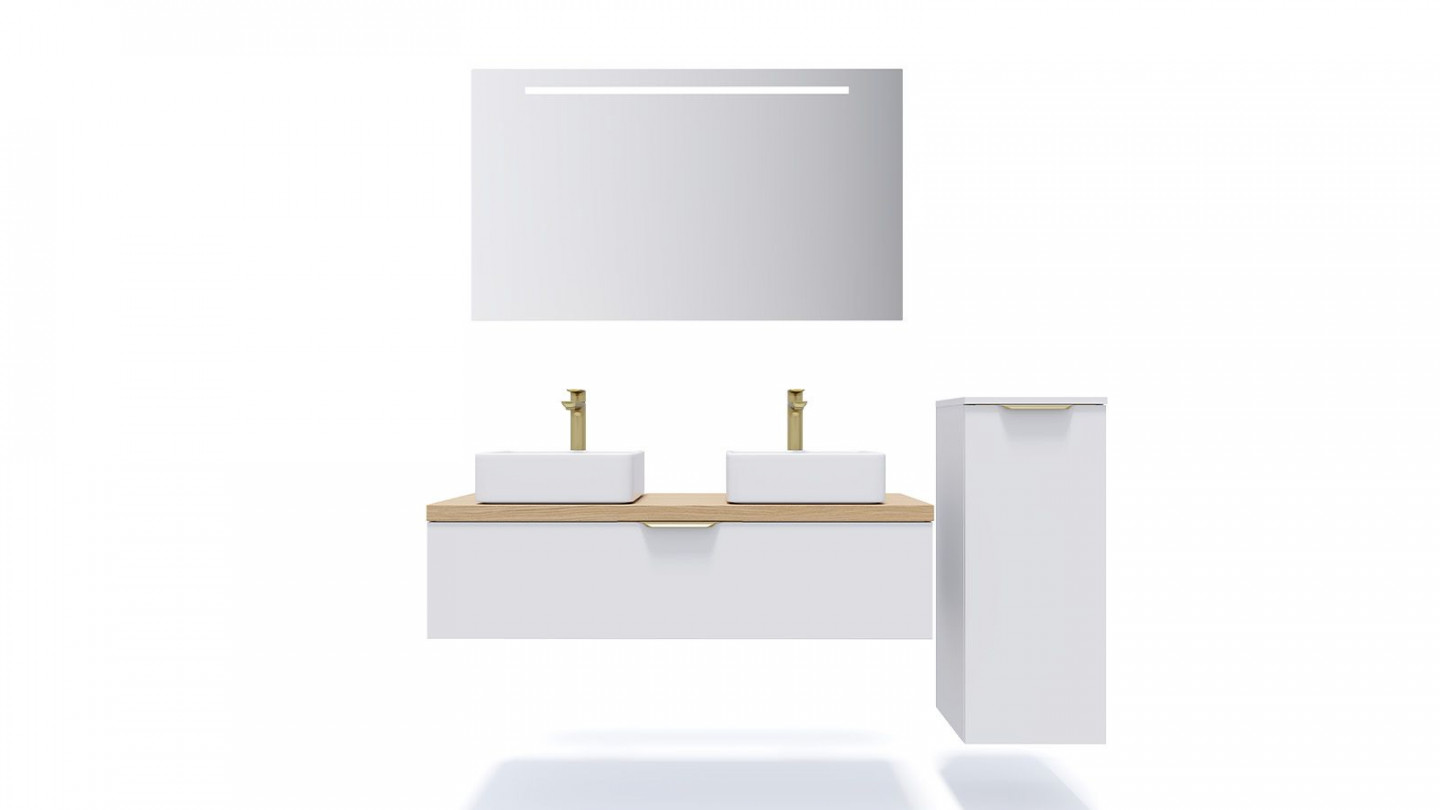 Meuble de salle de bain suspendu 2 vasques à poser 120cm 1 tiroir Blanc + miroir + colonne ouverture droite - Swing