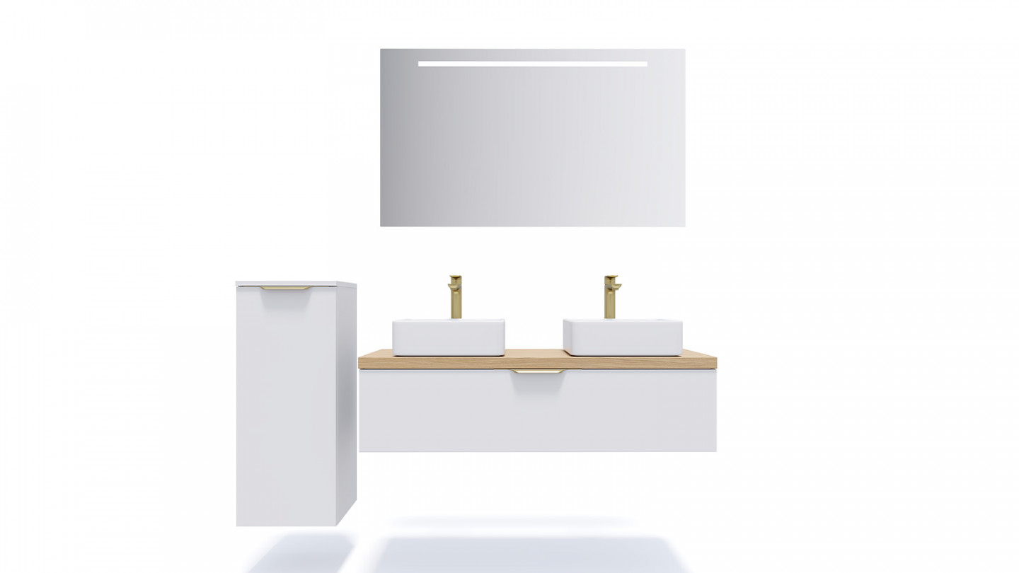 Meuble de salle de bain suspendu 2 vasques à poser 120cm 1 tiroir Blanc + miroir + colonne ouverture gauche - Swing