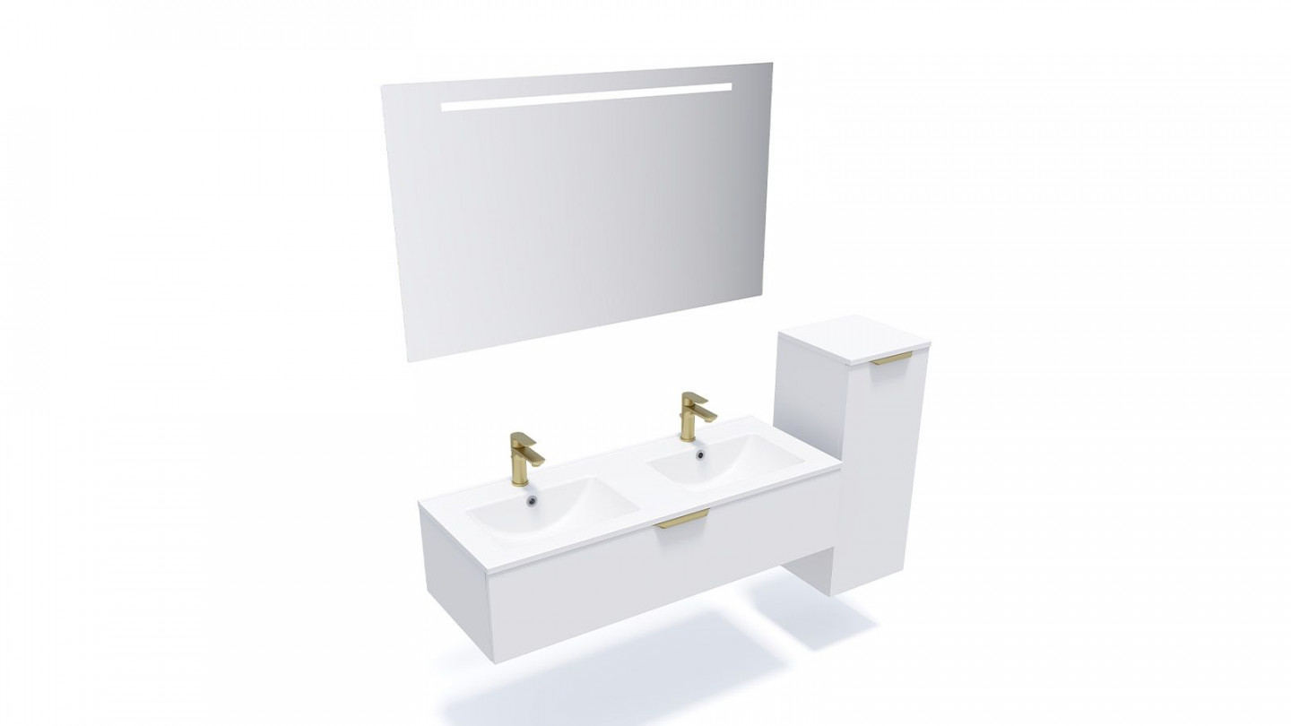 Meuble de salle de bain suspendu double vasque intégrée 120cm 1 tiroir Blanc + miroir + colonne ouverture droite - Swing