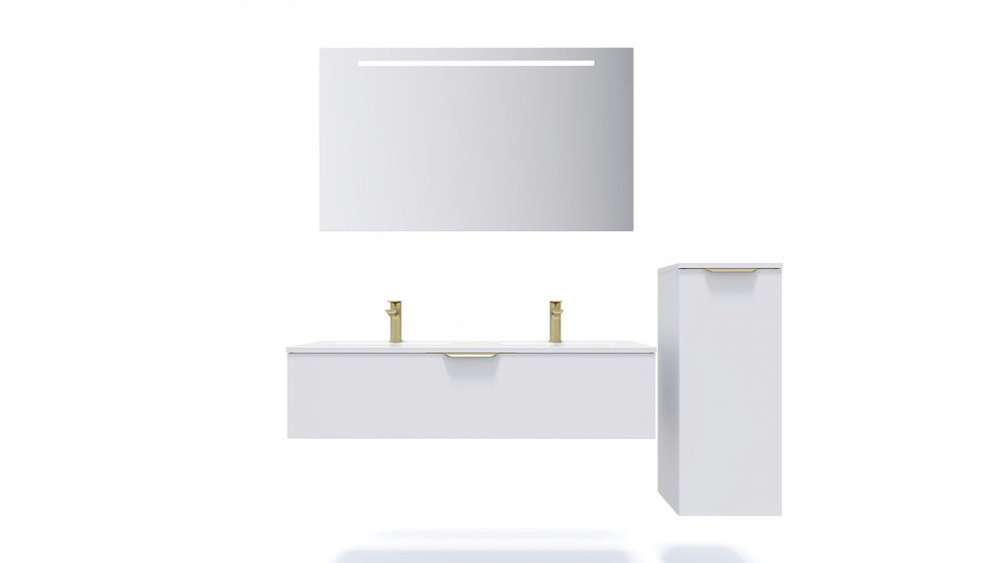 Meuble de salle de bain suspendu double vasque intégrée 120cm 1 tiroir Blanc + miroir + colonne ouverture droite - Swing