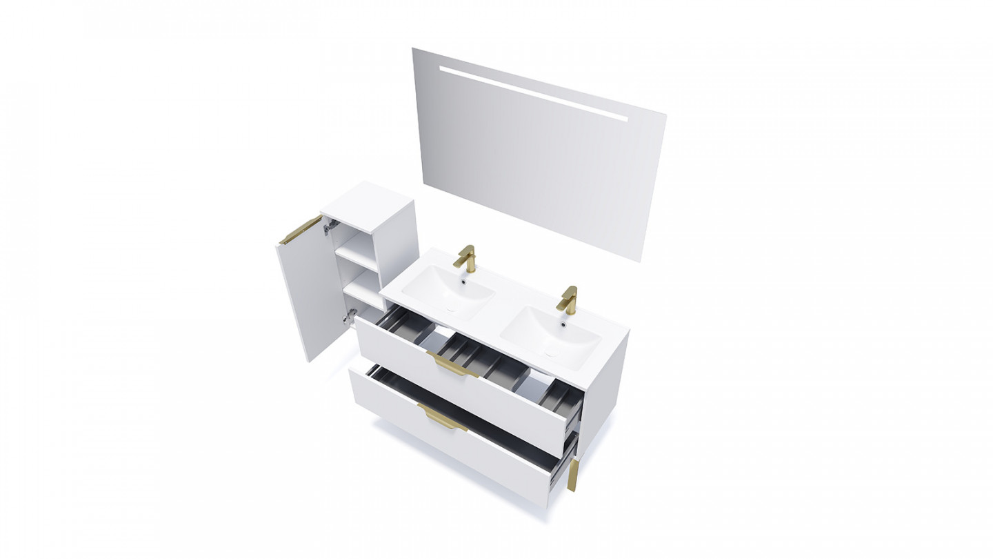 Meuble de salle de bain suspendu double vasque intégrée 120cm 2 tiroirs Blanc - Swing