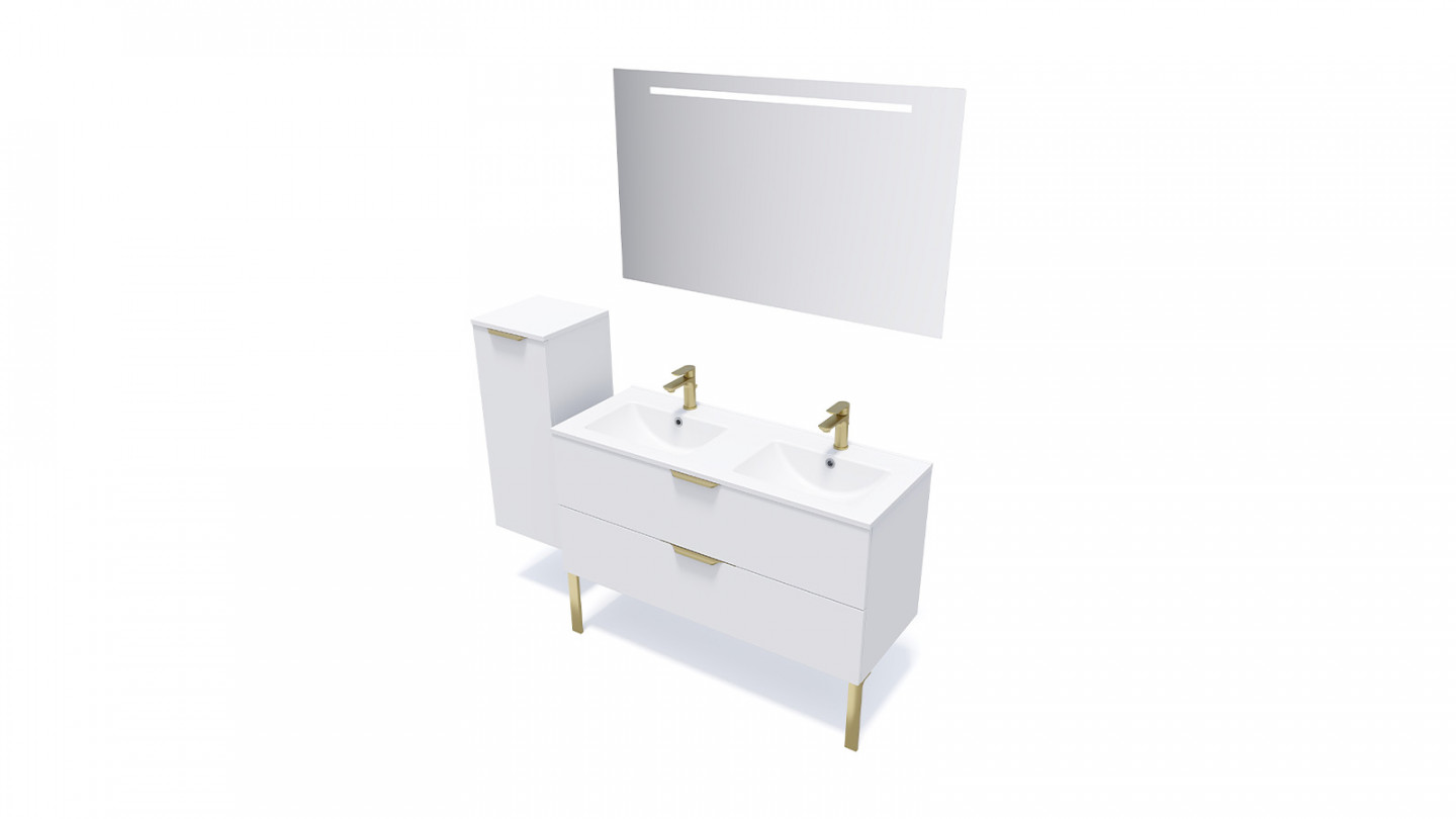 Meuble de salle de bain suspendu double vasque intégrée 120cm 2 tiroirs Blanc + miroir - Swing