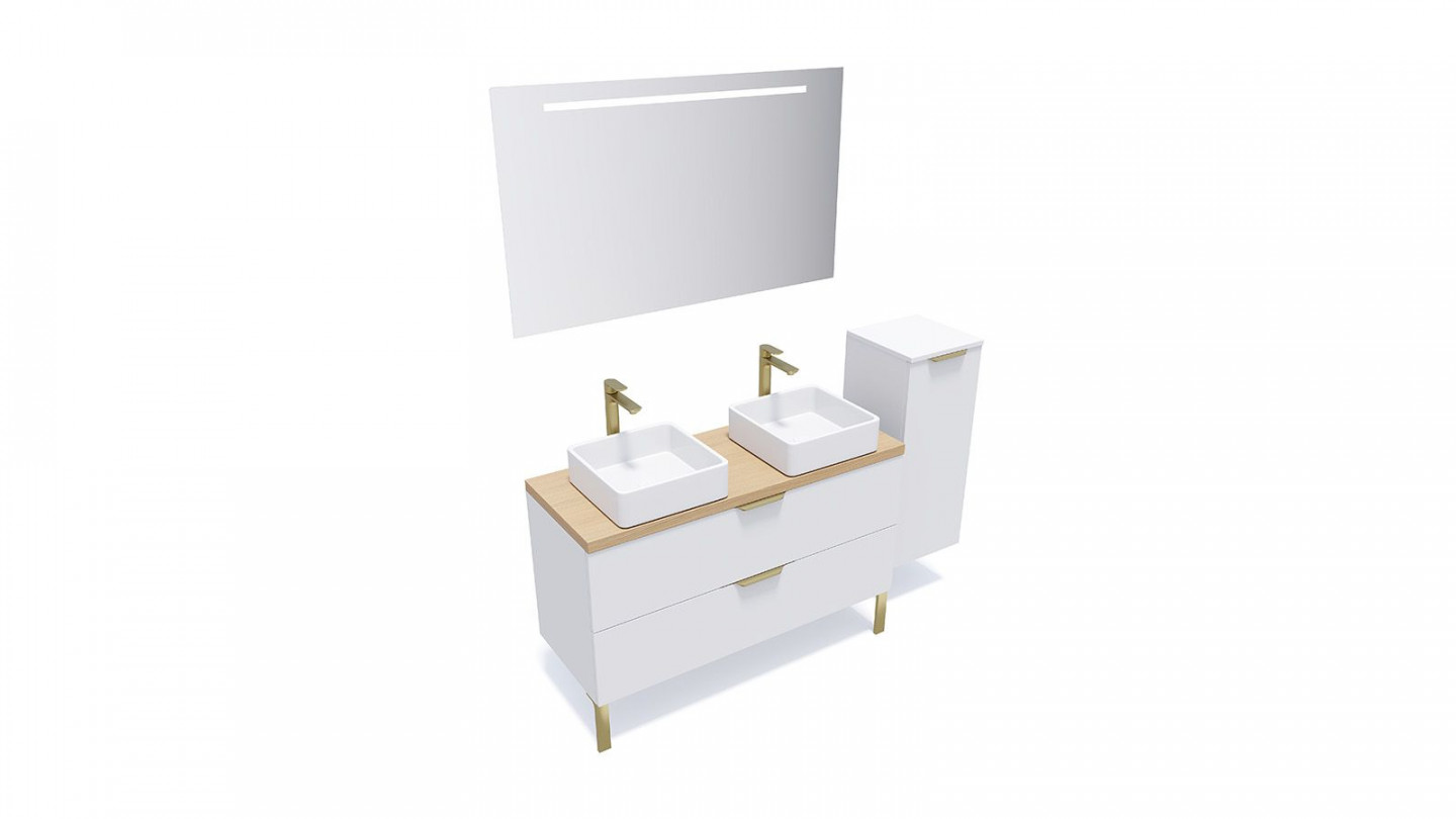 Meuble de salle de bain suspendu 2 vasques à poser 120cm 2 tiroirs Blanc + miroir + colonne ouverture droite - Swing