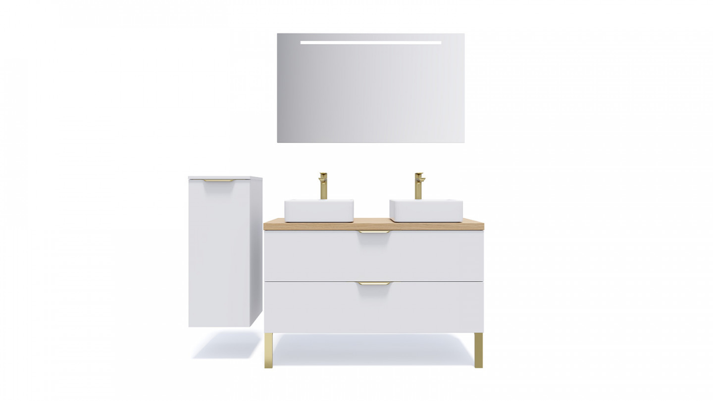 Meuble de salle de bain suspendu 2 vasques à poser 120cm 2 tiroirs Blanc + miroir + colonne ouverture gauche - Swing